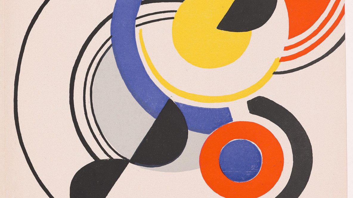 Sonia Delaunay-Terk. Plate (folio 8) from 10 Origin. 1942. Linoleum cut from a portfolio of six linoleum cuts, three woodcuts, and one lithograph, composition (irreg.): 10 9/16 × 7 15/16&#34; (26.9 × 20.2 cm); page (each): 10 5/8 × 8 1/4&#34; (27 × 21 cm). Purchase