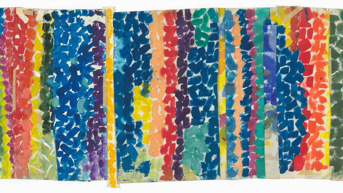Alma Woodsey Thomas. Untitled. c. 1968. Acrylic and pressure-sensitive tape on cut-and-stapled paper, 19 1/8 × 51 1/2&#34; (48.6 × 130.8 cm). Gift of Donald B. Marron