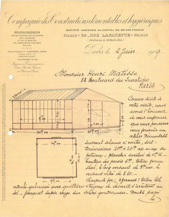 Letter from Lucien Assire, Compagnie des Constructions Démontables et Hygiéniques, to Henri Matisse, June 2, 1909