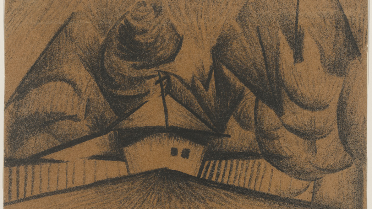 Alexander Bogomazov. Three Figures of Woodcutters. c. 1927-28. Watercolor and pencil on paper mounted on board, 11 1/8 x 13 5/8&#34; (28.2 x 34.7 cm). Gift of N.D. Lobanov
