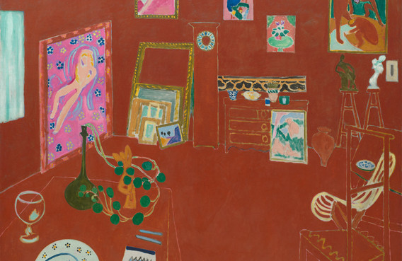 Henri Matisse. The Red Studio. Issy-les-Moulineaux, 1911. Oil on canvas, 71 1/4″ x 7′ 2 1/4″ (181 x 219.1 cm). Mrs. Simon Guggenheim Fund, The Museum of Modern Art, New York. © 2022 Succession H. Matisse / Artists Rights Society (ARS), New York