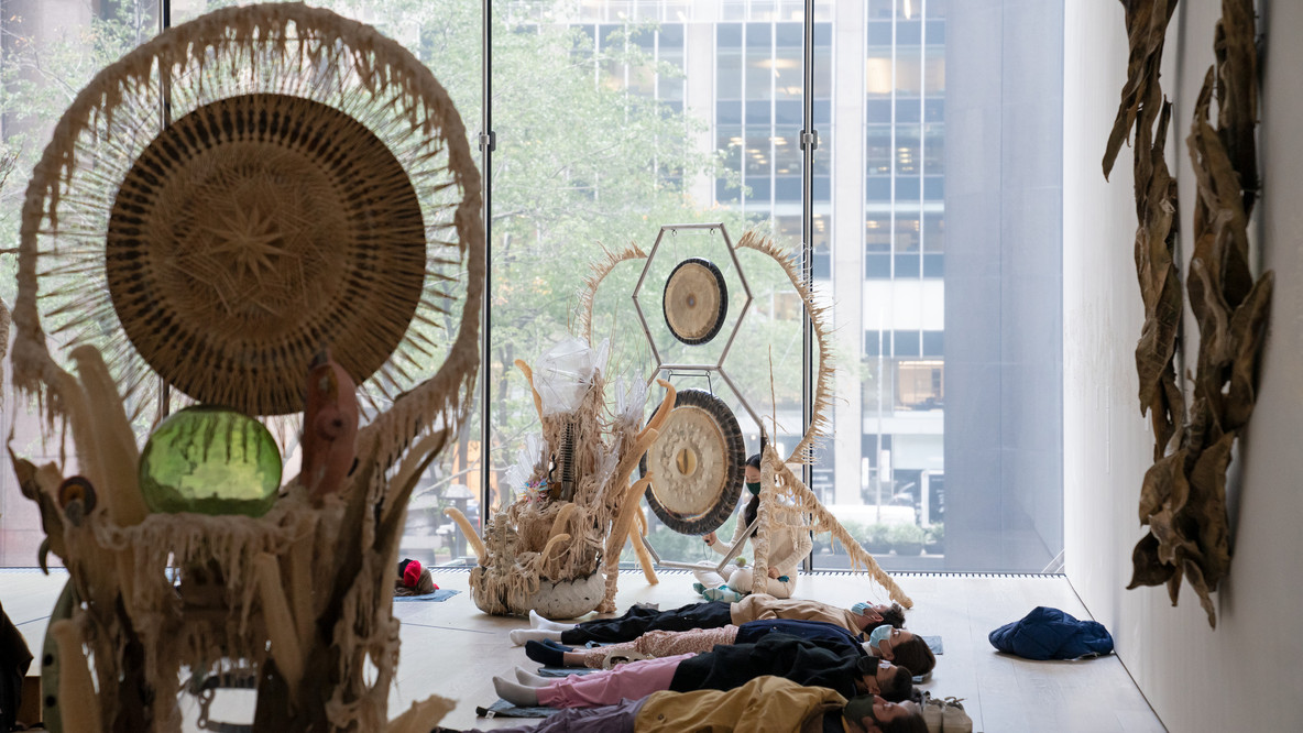 Image of Guadalupe Maravilla Sound Bath performance. 2021 at The Museum of Modern Art, New York. Digital Image ©️ 2021 The Museum of Modern Art, New York. Photo by Julieta Cervantes.