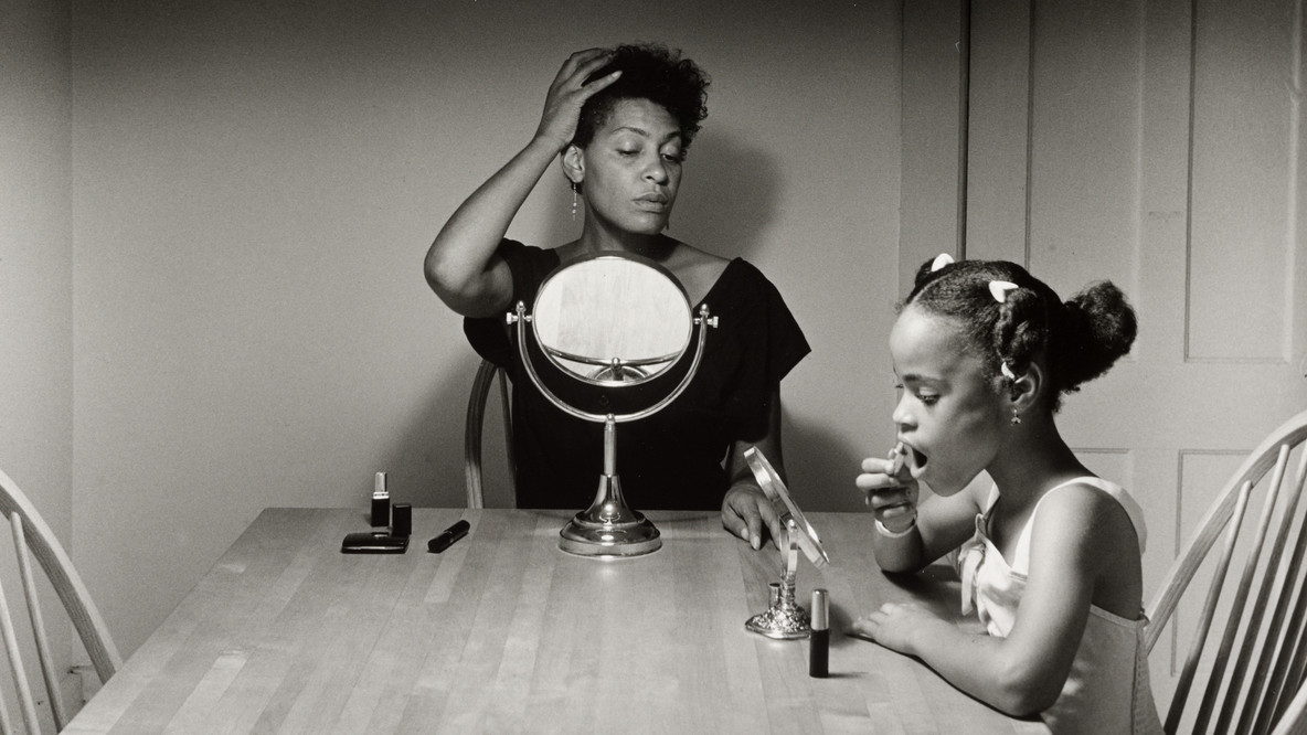 Carrie Mae Weems. Untitled (woman and daughter with makeup). 1990. Gelatin silver print, printed 2010, 10 x 10&#34; (25.4 x 25.4 cm). Gift of Light Work, Carrie Mae Weems, and Robert B. Menschel