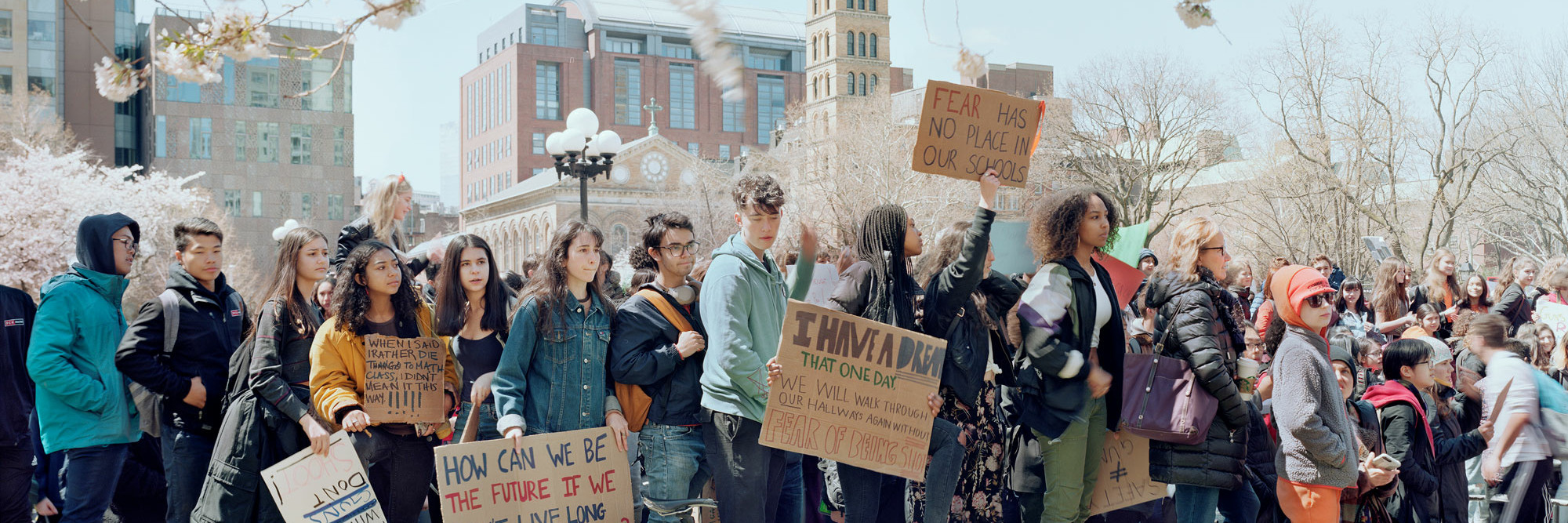 An-My Lê. High School Students Protesting Gun Violence, Washington Square Park, New York City, from the series Silent General. 2018. Inkjet print, 40 × 56 1/2&#34; (101.6 × 143.5 cm). © 2022 An-My Lê. Image courtesy of the artist