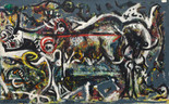 Jackson Pollock. The She-Wolf. 1943. Oil, gouache, and plaster on canvas, 41 7/8 x 67" (106.4 x 170.2 cm). Purchase, 1944. ©️ 2022 Pollock-Krasner Foundation / Artists Rights Society (ARS), New York
