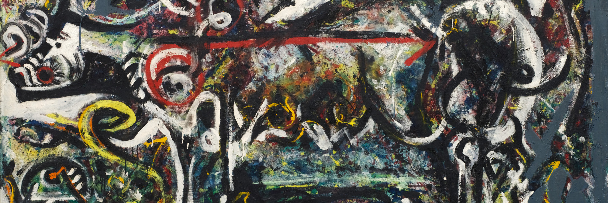 Jackson Pollock. The She-Wolf. 1943. Oil, gouache, and plaster on canvas, 41 7/8 x 67&#34; (106.4 x 170.2 cm). Purchase, 1944. ©️ 2022 Pollock-Krasner Foundation / Artists Rights Society (ARS), New York