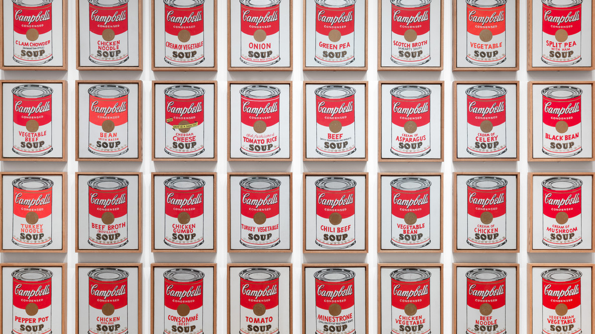 Andy Warhol. Campbell&#39;s Soup Cans. 1962. Acrylic with metallic enamel paint on canvas, 32 panels, Each canvas 20 x 16&#34; (50.8 x 40.6 cm). Overall installation with 3&#34; between each panel is 97&#34; high x 163&#34; wide. Partial gift of Irving Blum, Additional funding provided by Nelson A. Rockefeller Bequest, gift of Mr. and Mrs. William A. M. Burden, Abby Aldrich Rockefeller Fund, gift of Nina and Gordon Bunshaft, acquired through the Lillie P. Bliss Bequest, Philip Johnson Fund, Frances R. Keech Bequest, gift of Mrs. Bliss Parkinson, and Florence B. Wesley Bequest (all by exchange)