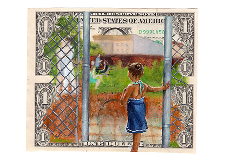 Danielle De Jesus. 7 stops to Manhattan from Jefferson Street. 2022. Acrylic on US currency. Courtesy the artist