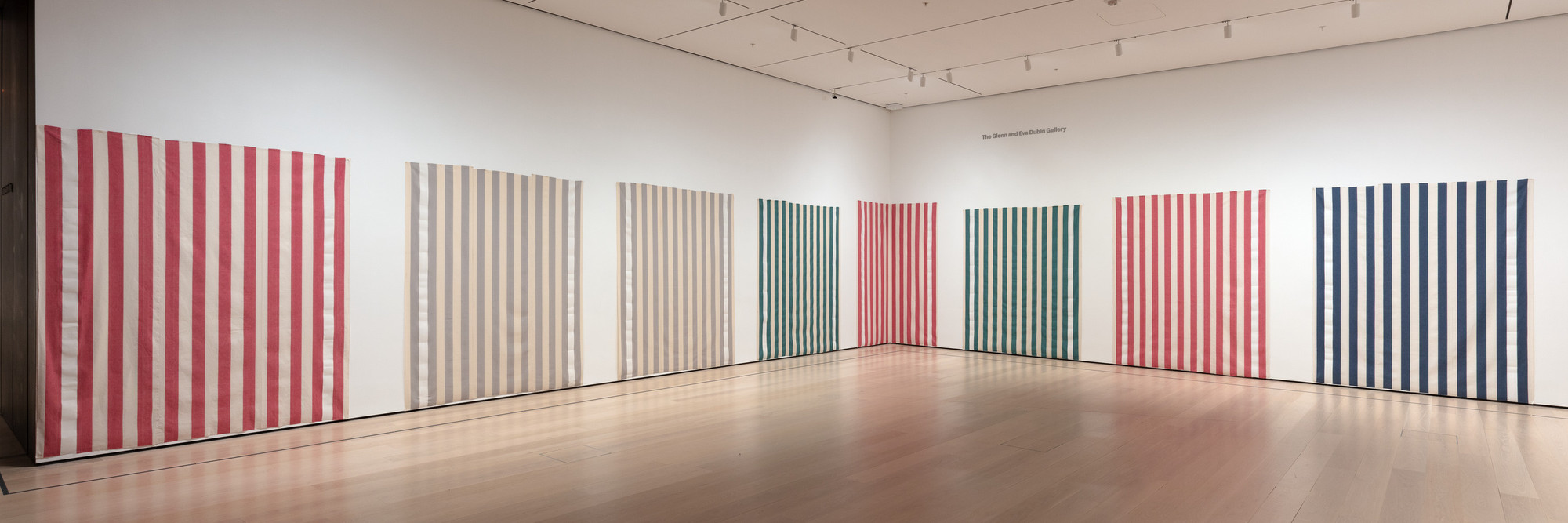 Daniel Buren. Striped cotton fabric with vertical white and colored bands. 1970. Acrylic on striped cotton fabric, 12 works. Gift of Herman J. Daled