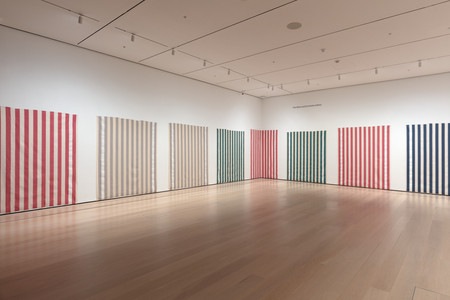 Daniel Buren. Striped cotton fabric with vertical white and colored bands. 1970. Acrylic on striped cotton fabric, 12 works. Gift of Herman J. Daled