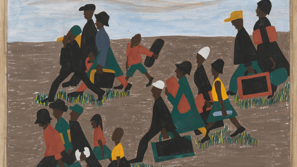 Jacob Lawrence. The migrants arrived in great numbers. 1940–41. Casein tempera on hardboard, 12 x 18&#34; (30.5 x 45.7 cm). Gift of Mrs. David M. Levy. © 2023 Jacob Lawrence/Artists Rights Society (ARS), New York