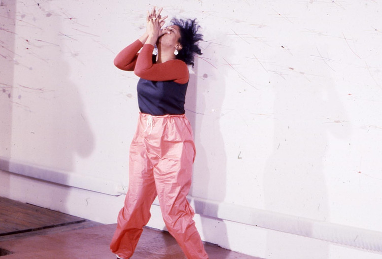 Senga Nengudi performing Air Propo at Just Above Midtown, 1981. Courtesy Senga Nengudi and Lévy Gorvy
