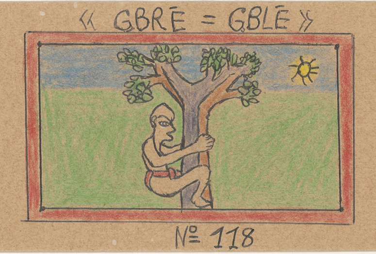 Frédéric Bruly Bouabré. « GBRÉ=GBLÉ » N° 118 from Alphabet Bété. 1991. Colored pencil, pencil, and ballpoint pen on board. The Museum of Modern Art, New York. The Jean Pigozzi Collection of African Art. ©️ 2022 Family of Frédéric Bruly Bouabré