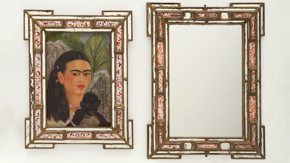 Frida Kahlo. Fulang-Chang and I. 1937 (assembled after 1939). In two parts, oil on board (1937) with painted mirror frame (added after 1939); and mirror with painted mirror frame (after 1939), Framed painting, left 22 1/4 x 17 3/8 x 1 3/4&#34; (56.5 x 44.1 x 4.4 cm); framed mirror, right 25 1/4 x 19 x 1 3/4&#34; (64.1 x 48.3 x 4.4 cm). Mary Sklar Bequest
