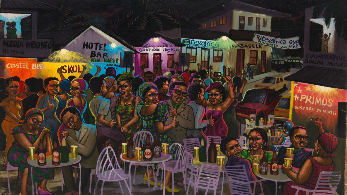 Moké. Long Live Utex Africa. 1989. Oil on canvas, 44 1/2 × 70 7/8&#34; (113 × 180 cm). The Jean Pigozzi Collection of African Art.