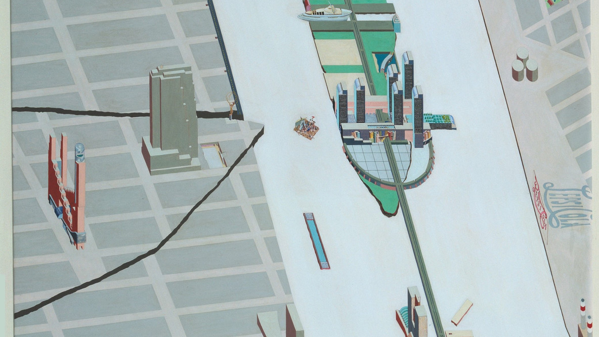Rem Koolhaas, Zoe Zenghelis, OMA (Office for Metropolitan Architecture). New Welfare Island Project, Roosevelt Island, New York, NY (Aerial perspective). c. 1975–76. Gouache on paper, 58 × 40&#34; (147.3 x 101.6 cm). Gift of The Howard Gilman Foundation. ©️ 2022 Rem Koolhaas