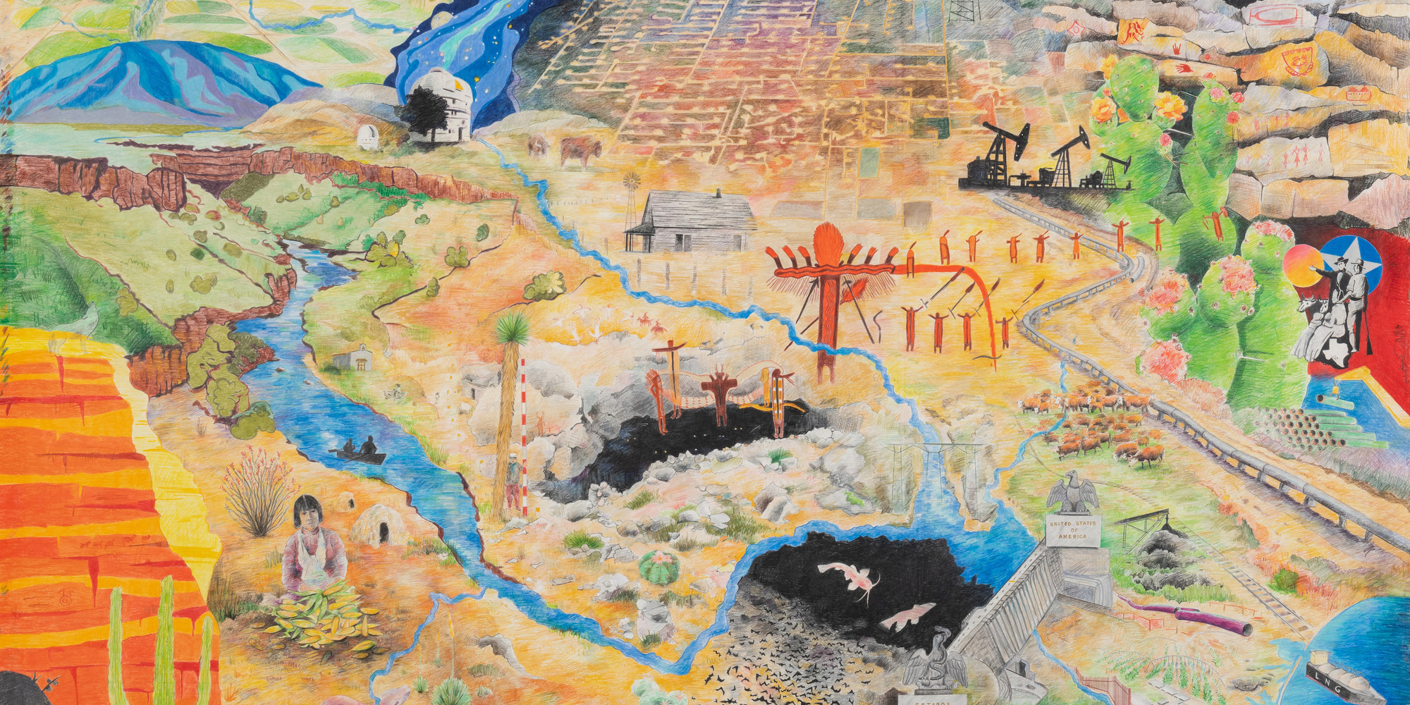 Carolina Caycedo and David de Rozas. Somi Se’k (The Land of the Sun – La Tierra del Sol). 2020. Color pencil on paper, 94 × 70". Commissioned by Ballroom Marfa. Courtesy the artists