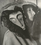 Kati Horna.Untitled (Remedios Varo wearing a mask by Leonora Carrington). 1962. Gelatin silver print, 8 1/2 × 7 3/4&#34; (21.6 × 19.7 cm. Carol and David Appel Family Fund