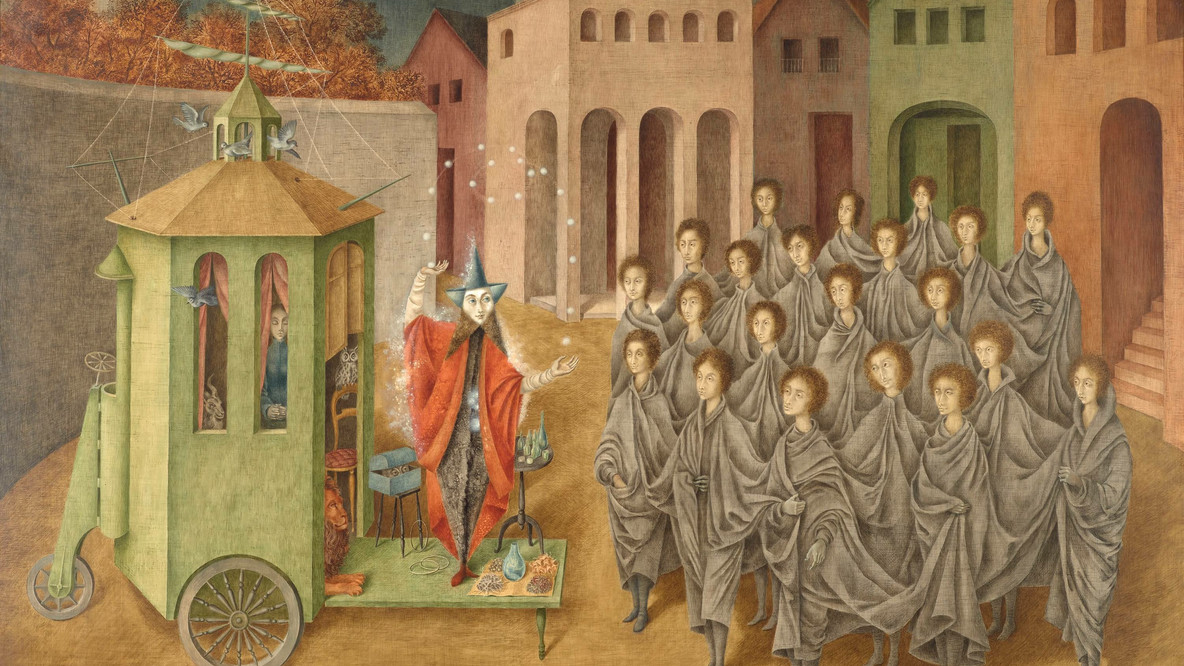 Remedios Varo. The Juggler (The Magician). 1956. Oil and inlaid mother of pearl on board, 35 13/16 × 48 1/16&#34; (91 × 122 cm). Gift of Joan H. Tisch (by exchange)
