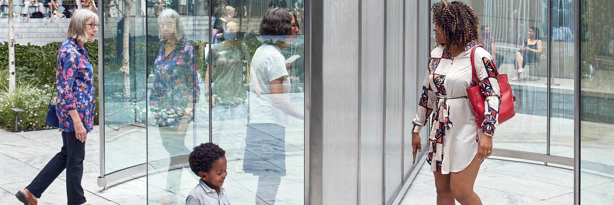 Dan Graham. Child’s Play. 2015–16. Two-way mirror glass, stainless steel and perforated steel. Gift of the Committee on Painting and Sculpture in honor of Cora Rosevear. © 2022 The Museum of Modern Art, New York. Photo: Gus Powell