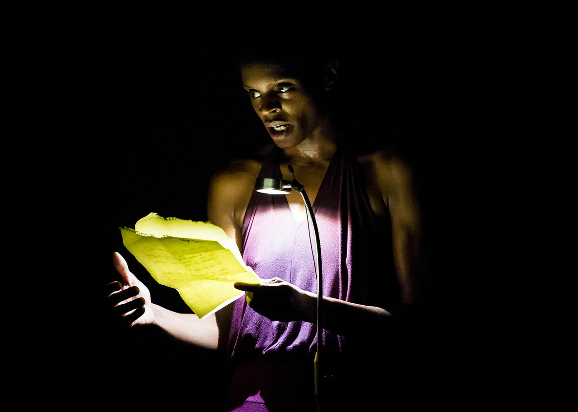 Okwui Okpokwasili. Performance view of Bronx Gothic. On the Boards, Seattle, Washington, 2016. Video by Peter Born