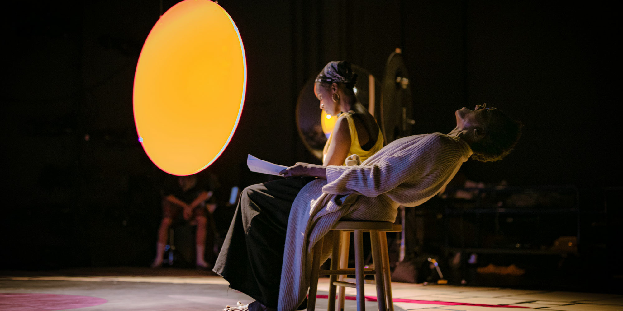Okwui Okpokwasili rehearsal, July 25, 2022, as part of Studio Residency: Okwui Okpokwasili, The Museum of Modern Art, New York, July 30–August 28, 2022. Pictured, from left: McKenzie Frye, Okwui Okpokwasili. Photo: Alex Munro. Digital image © 2022 The Museum of Modern Art, New York