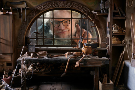Guillermo del Toro on the set of Guillermo del Toro’s Pinocchio, 2022. Image courtesy Jason Schmidt/Netflix
