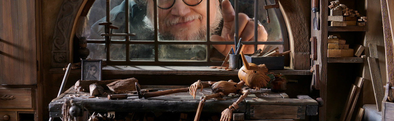 Guillermo del Toro on the set of Guillermo del Toro’s Pinocchio, 2022. Image courtesy Jason Schmidt/Netflix