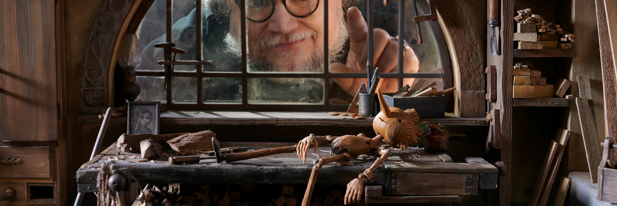 Guillermo del Toro on the set of Guillermo del Toro’s Pinocchio, 2022. Image courtesy Jason Schmidt/Netflix
