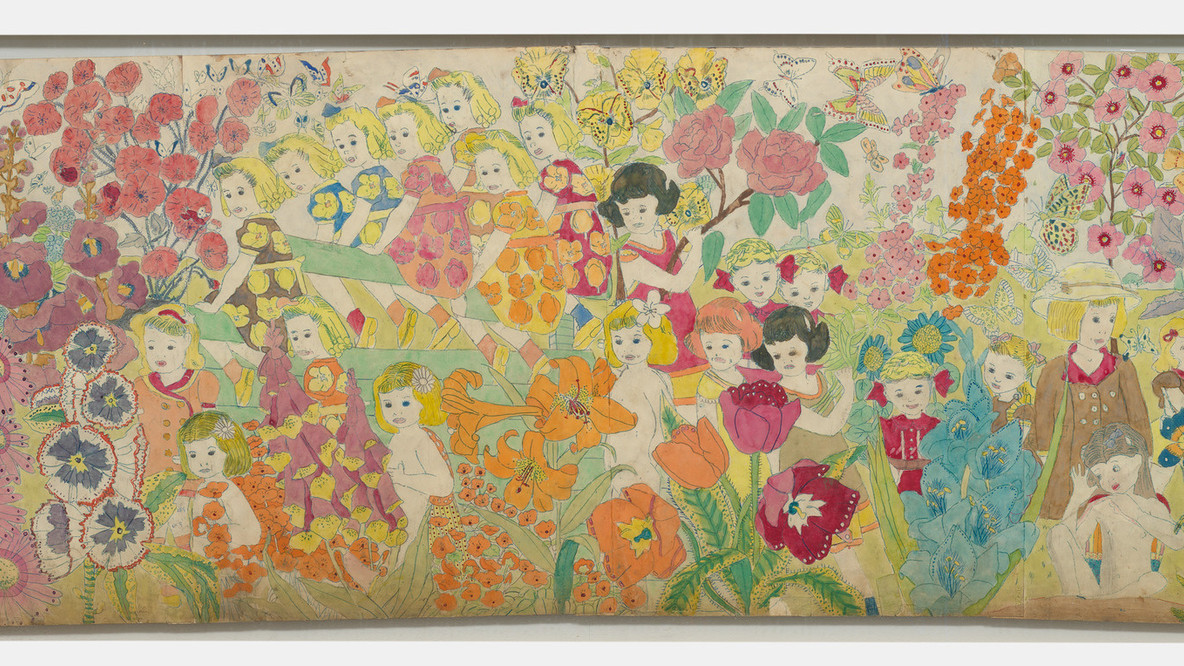 Henry Darger. Untitled (Overall flowers) (recto); Untitled (Beautiful girls sitting around with giant cactus in center) (verso). n.d. Watercolor and pencil on paper (recto and verso), 24 × 108&#34; (61 × 274.3 cm). Gift of the artist’s estate in honor of Klaus Biesenbach. ©2017 Henry Darger/Artists Rights Society (ARS), New York