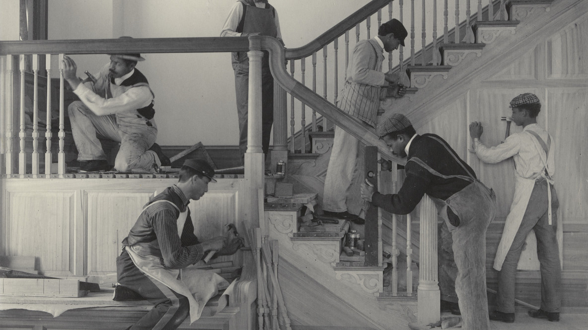 Frances Benjamin Johnston. Stairway of Treasurer’s Residence. Students at work. 1899–1900. Platinum print, 7 9/16 × 9 9/16&#34; (19.2 × 24.3 cm). Gift of Lincoln Kirstein