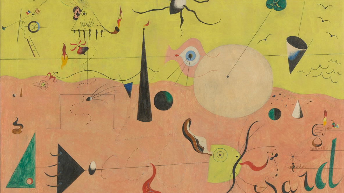 Joan Miró. The Hunter (Catalan Landscape). Montroig, July 1923-winter 1924. Oil on canvas, 25 1/2 x 39 1/2&#34; (64.8 x 100.3 cm). Purchase. © 2019 Successió Miró / Artists Rights Society (ARS), New York / ADAGP, Paris
