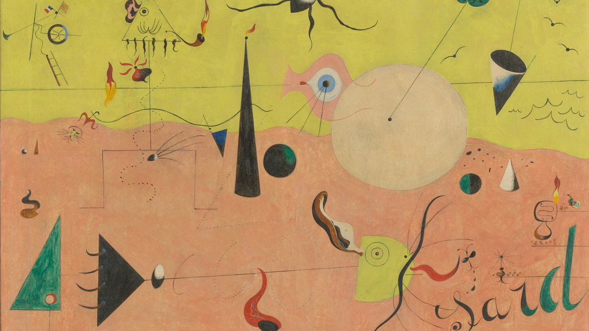 Joan Miró. The Hunter (Catalan Landscape). 1923–24. Oil on canvas, 25 1/2 × 39 1/2&#34; (64.8 × 100.3 cm). Purchase. © 2022 Successió Miró/Artists Rights Society (ARS), New York/ADAGP, Paris