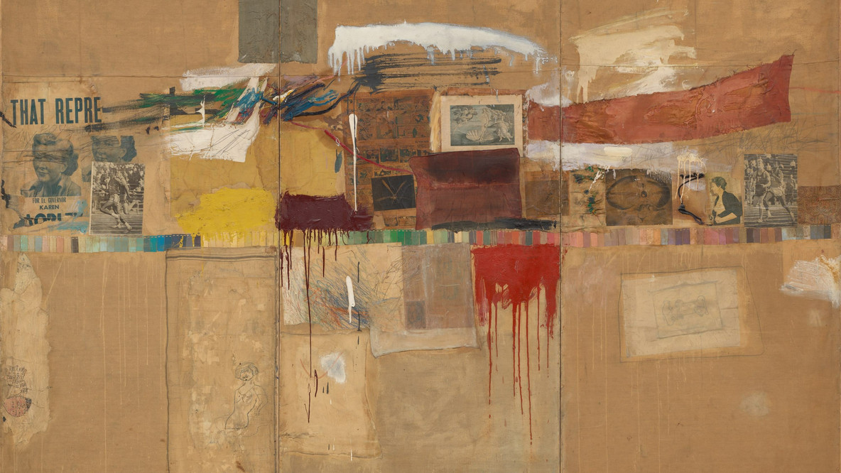 Robert Rauschenberg. Rebus. 1955. Oil, alkyd paint, pencil, crayon, pastel, cut-and-pasted printed and painted papers, and fabric on canvas mounted and stapled to fabric, three panels, 8&#39; × 10&#39; 11 1/8&#34; (243.8 × 333.1 cm). Partial and promised gift of Jo Carole and Ronald S. Lauder and bequest of Virginia C. Field, gift of Mr. and Mrs. Peter A. Rübel, and gift of Jay R. Braus (all by exchange). © 2022 Robert Rauschenberg Foundation