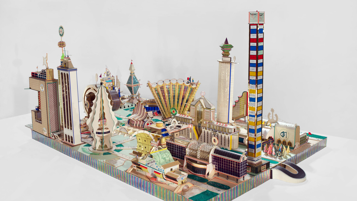 Bodys Isek Kingelez. Kimbembele Ihunga. 1994. Paper, cardboard, polystyrene, mixed media, 51 3/16 × 72 13/16 × 126&#34; (130 × 185 × 320 cm). CAAC - The Pigozzi Collection, Geneva. © Bodys Isek Kingelez. Photo: Maurice Aeschimann. Courtesy CAAC - The Pigozzi Collection