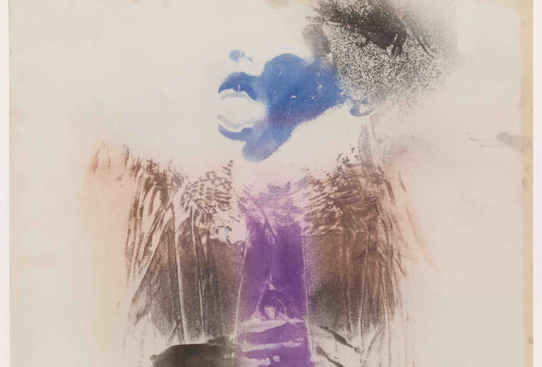 David Hammons. Body Print. 1975. Pigment on paper. The Judith Rothschild Foundation Contemporary Drawings Collection Gift ©️ David Hammons Image description: A vertically-oriented work on paper, featuring a partial print of a person’s upper body. Their face is imprinted in blue ink on the white page, with their hands printed in black ink and holding a purple necktie.