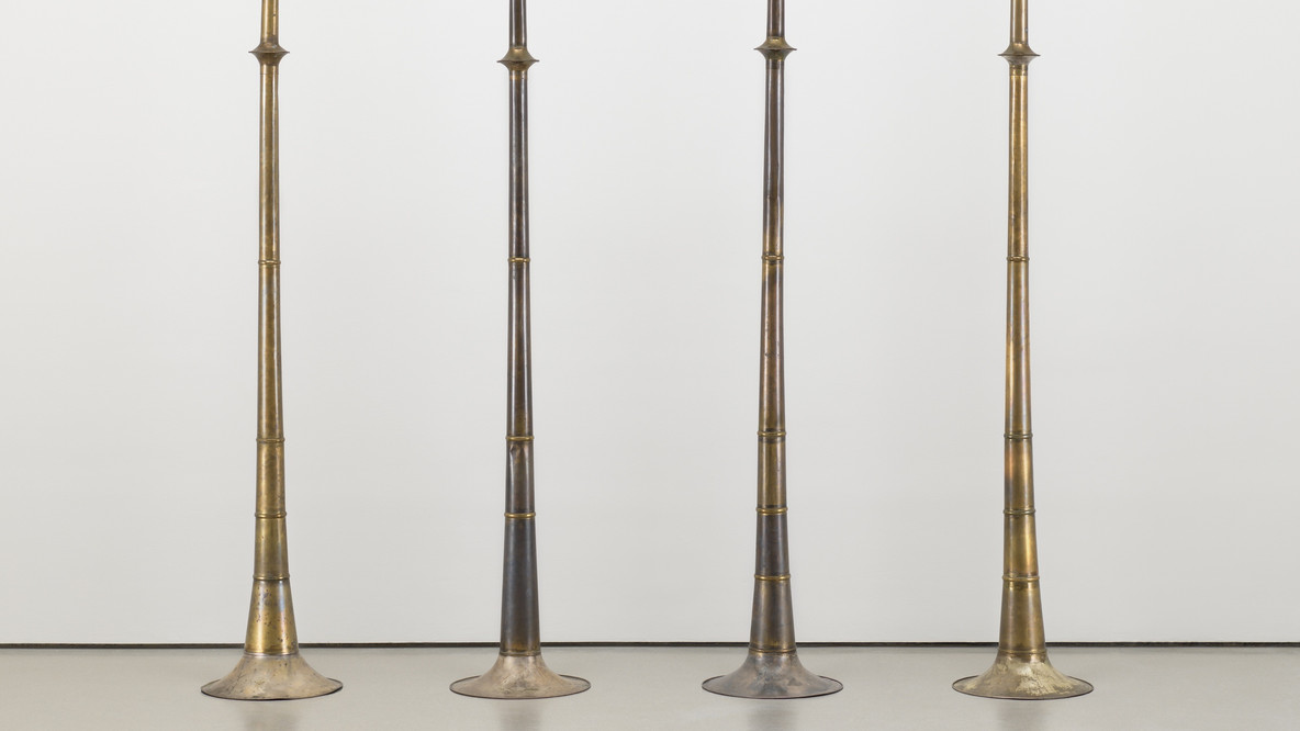 Terry Adkins. Last Trumpet. 1995. Brass and sousaphone and trombone bells, four parts, Each 216 × 24 × 24&#34; (548.6 × 61 × 61 cm). Gift of David Booth; and gift of Mr. and Mrs. Murray Thompson (by exchange). © Terry Adkins. Courtesy of the Estate of Terry Adkins