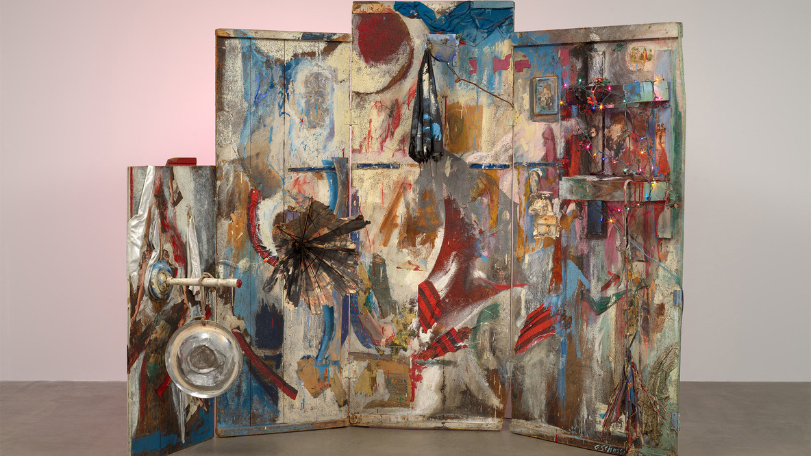 Carolee Schneemann. Four Fur Cutting Boards. 1962-63. Oil paint, umbrellas, motors, lightbulbs, string lights, photographs, fabric, lace, hubcaps, printed papers, mirror, nylon stockings, nails, hinges, and staples on wood, 90 1/2 × 131 × 52&#34; (229.9 × 332.7 × 132.1 cm). The Jill and Peter Kraus Endowed Fund for Contemporary Acquisitions; The Riklis Collection of McCrory Corporation (by exchange); The Lillie P. Bliss Bequest (by exchange). © Estate of Carolee Schneemann. Courtesy of Galerie Lelong &amp; Co., and P•P•O•W, New York