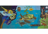 G. Peter Jemison. Iroquois Creation Story. 2017. Acrylic on heavy-weight board. Courtesy of the artist Image description: Mural by G. Peter Jemison of animals and people in the night sky, in the ocean, and on land, with the words “Water Is Life” at the bottom right.