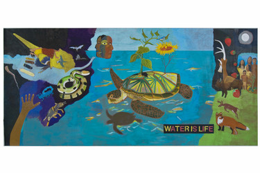 G. Peter Jemison. Iroquois Creation Story. 2017. Acrylic on heavy-weight board. Courtesy of the artist Image description: Mural by G. Peter Jemison of animals and people in the night sky, in the ocean, and on land, with the words “Water Is Life” at the bottom right.
