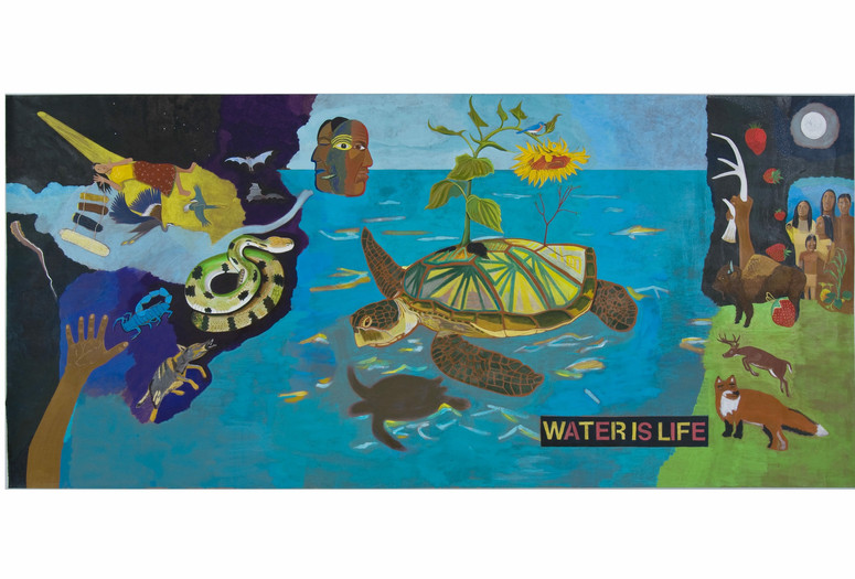 G. Peter Jemison. Iroquois Creation Story. 2017. Acrylic on heavy-weight board. Courtesy of the artist Image description: Mural by G. Peter Jemison of animals and people in the night sky, in the ocean, and on land, with the words “Water Is Life” at the bottom right.