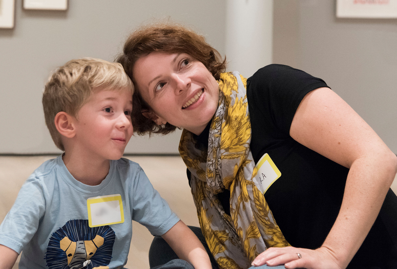 Family Gallery Talks. 2017. Digital Image © The Museum of Modern Art, New York. New York Photo: Martin Seck Image description: A child and parent putting their heads together during a Family Gallery Talk. Photo: Martin Seck