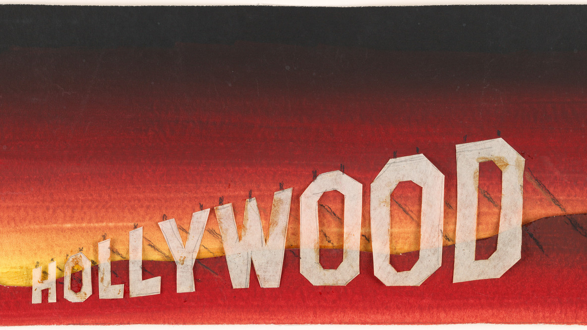 Edward Ruscha. Hollywood Study. 1968. Gouache, cut-and-pasted paper, charcoal, and pencil on paper, 7 x 21 3/4&#34; (17.5 x 55.5 cm). Gift of the artist. © 2022 Edward Ruscha