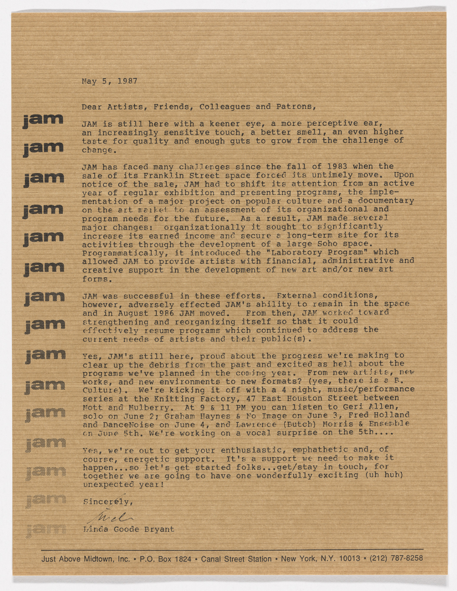 Just Above Midtown Newsletter, May 5, 1987. Collection Linda Goode Bryant, New York