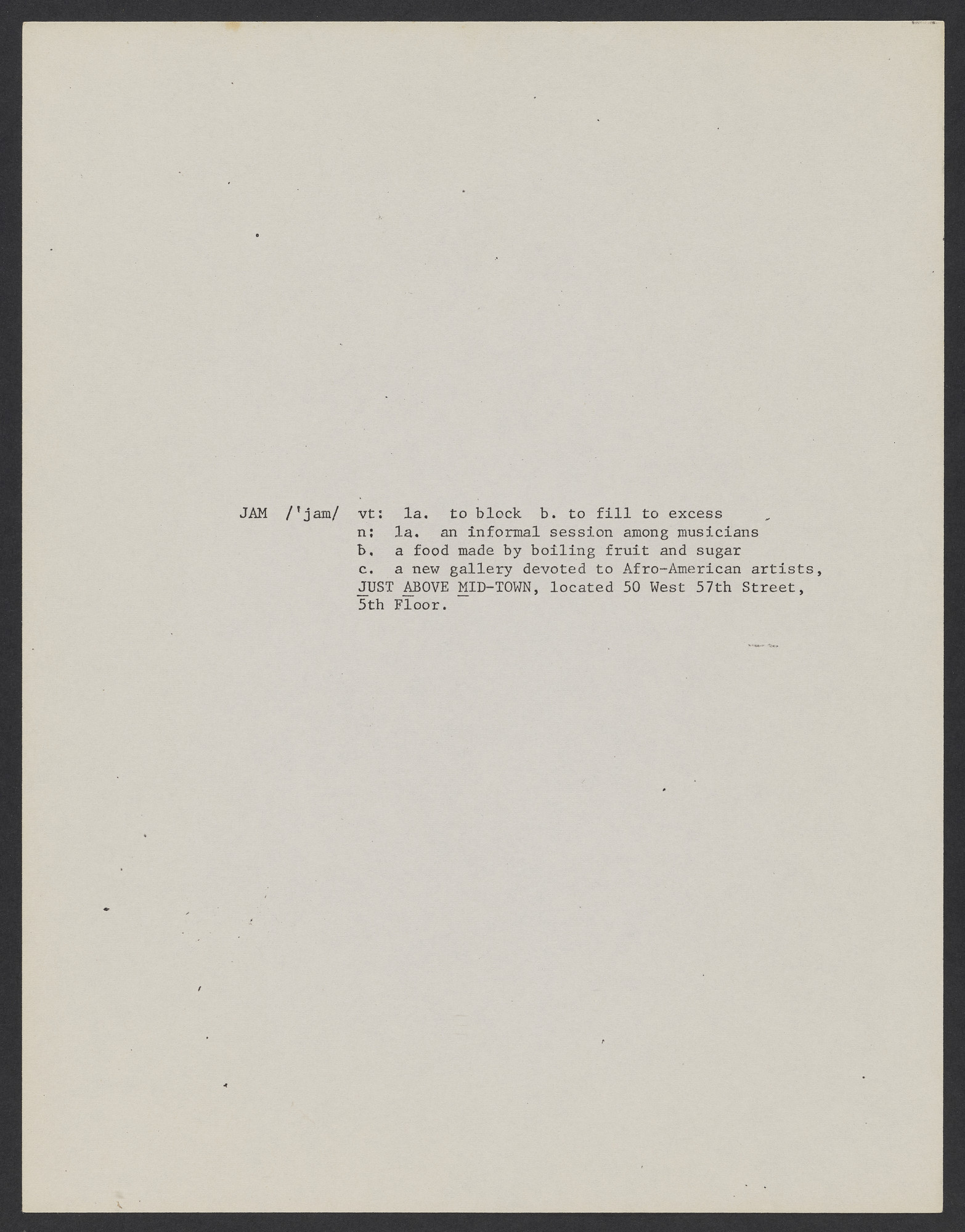Announcement for the opening of Just Above Midtown, 1974. Collection Linda Goode Bryant, New York