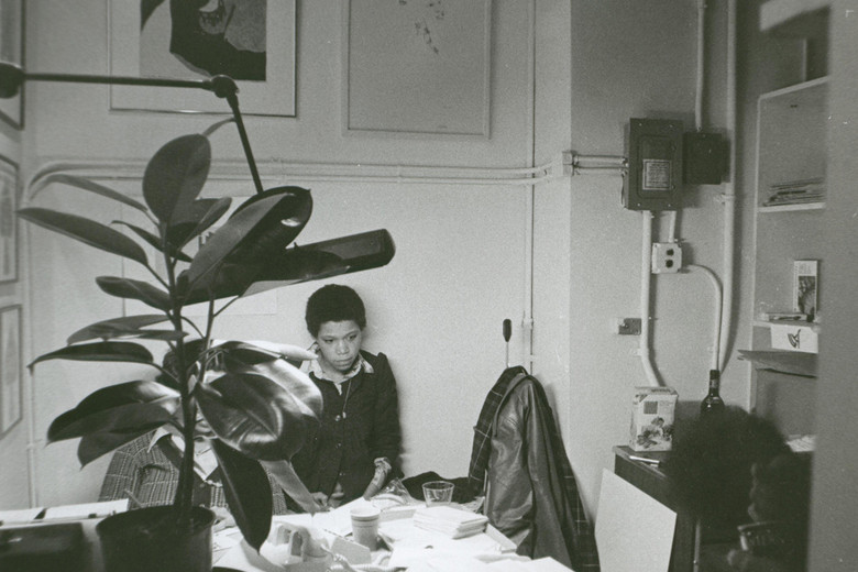 Linda Goode Bryant and Janet Olivia Henry (obscured) at Just Above Midtown, Fifty-Seventh Street, December 1974. Photograph by Camille Billops. Courtesy the Hatch-Billops Collection, New York