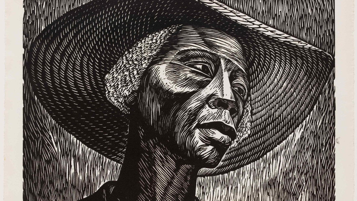 Elizabeth Catlett. Sharecropper. 1952, published 1968–70. Linoleum cut, composition: 17 5/8 x 16 15/16&#34; (44.8 x 43 cm); sheet: 18 1/2 x 18 15/16&#34; (47 x 48.1 cm). The Ralph E. Shikes Fund and Purchase. © 2022 Elizabeth Catlett / Artists Rights Society (ARS), New York