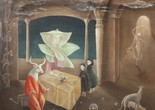 Leonora Carrington. And Then We Saw the Daughter of the Minotaur. 1953. Oil on canvas. Gift of Joan H. Tisch (by exchange). ©️ 2022 Leonora Carrington/Artists Rights Society (ARS), New York Image description: A horizontally oriented painting of a group of figures in a mysterious place, with vine-wrapped columns and clouds floating amid the arched ceiling. A white horned beast in a red robe sits at a table with two black-cloaked children and an iridescent ethereal being, all staring at silver gazing balls that sit on a golden tablecloth. A red rose lies on the ground below, and to the right are two white dogs, one sprawled on the ground and the other looking toward the back of the room, where a ghostly figure dances in the light of an open doorway.