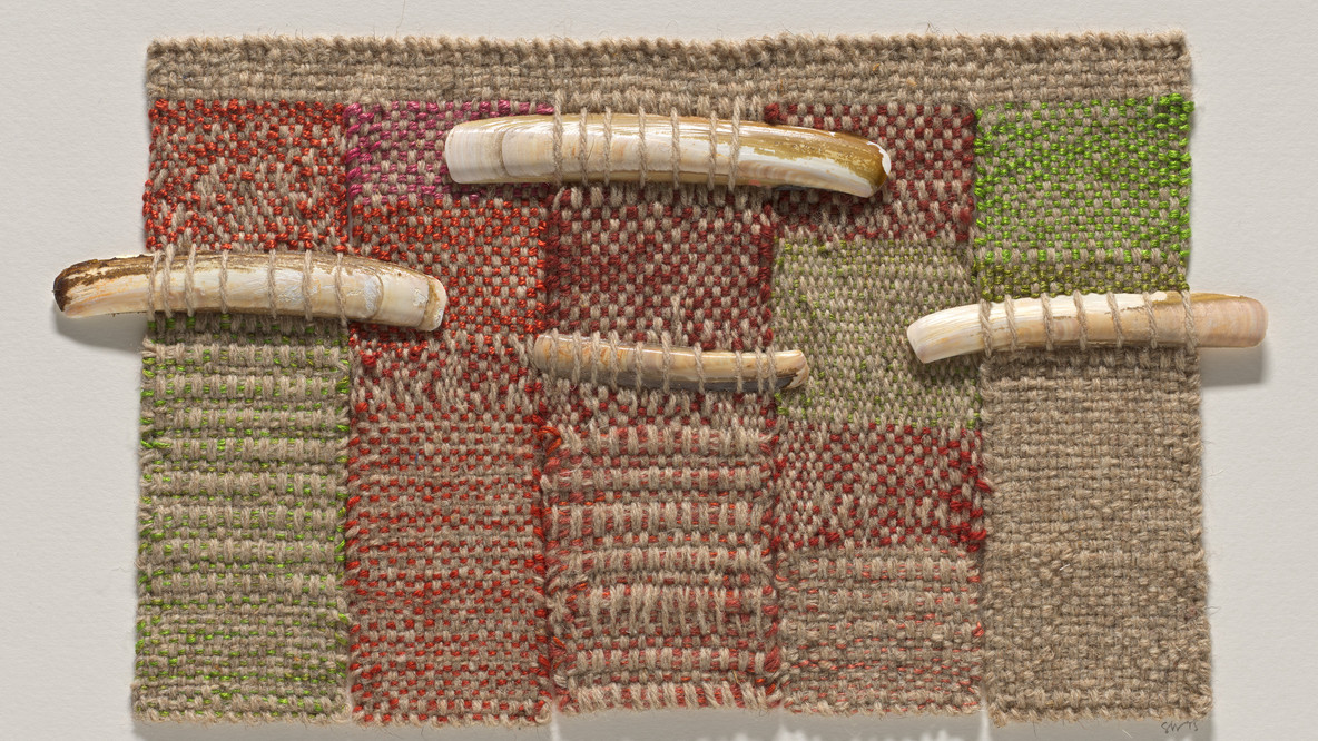 Sheila Hicks. Minime (Four Tunnels of Exploration). 2015. Wool, linen, cotton, razor clam shells, 8 1/8 × 11 7/8&#34; (20.6 × 30.2 cm). Gift of Sheila Hicks and Cecily Langdale Davis in honor of Roy Davis.