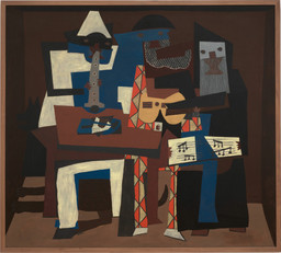 Pablo Picasso. Three Musicians. Fontainebleau, summer 1921. Oil on canvas, 6&#39; 7&#34; × 7&#39; 3 3/4&#34; (200.7 × 222.9 cm). Mrs. Simon Guggenheim Fund. © 2022 Estate of Pablo Picasso/Artists Rights Society (ARS), New York